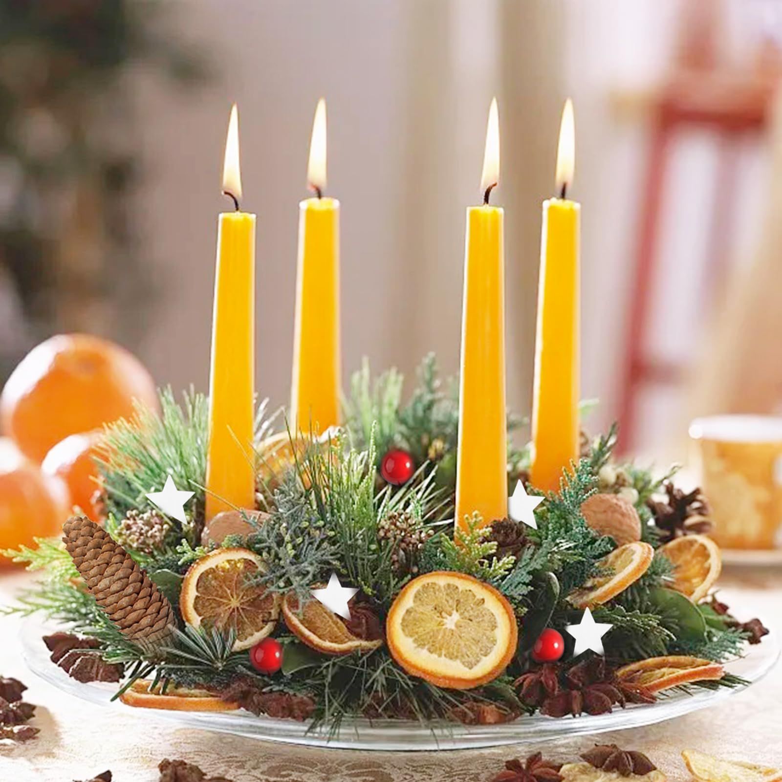 Natural Advent Wreath with Dried Oranges, Cinnamon, and Yellow Candles — Christmas Wreath