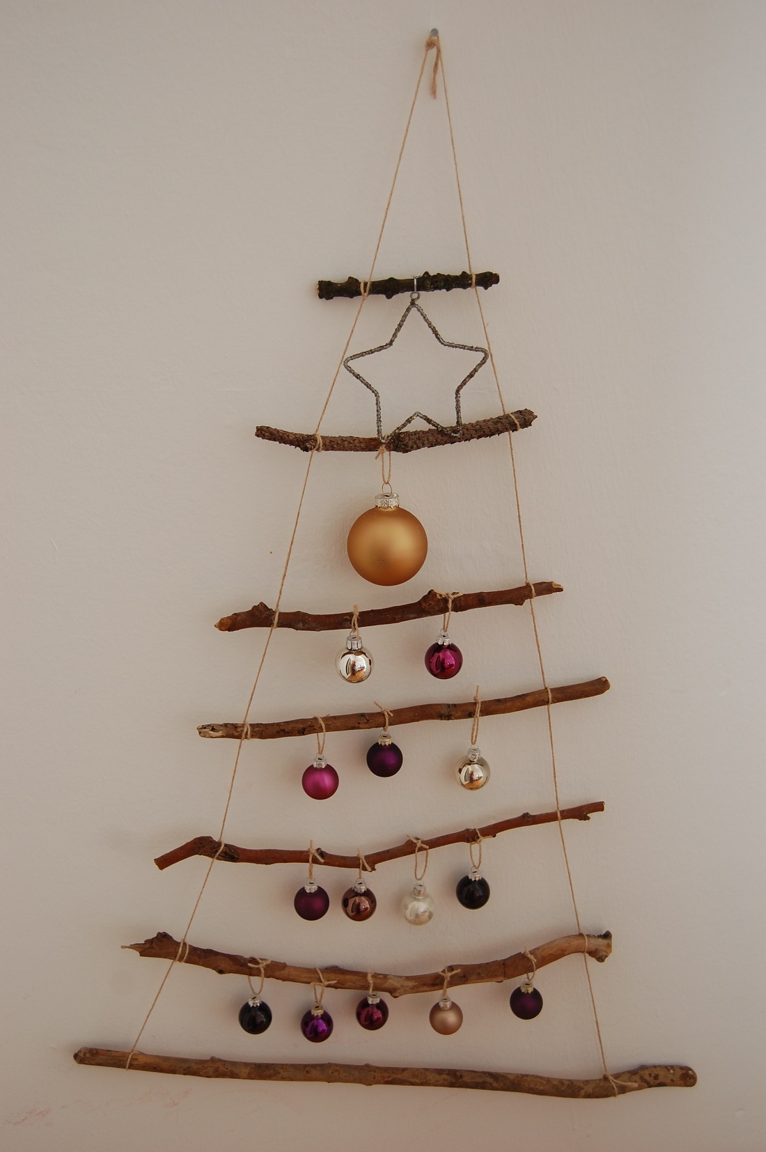 Rustic Tiered Branch Wall Tree with Metallic Star — Wall Christmas Tree