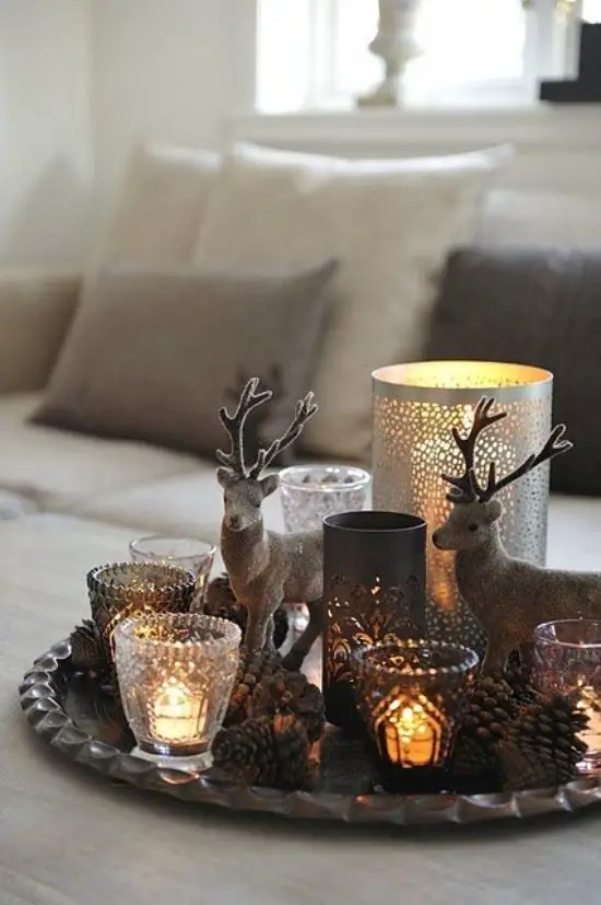Elegant Tray Arrangement with Reindeer Figures and Candles — Winter Decor After Christmas