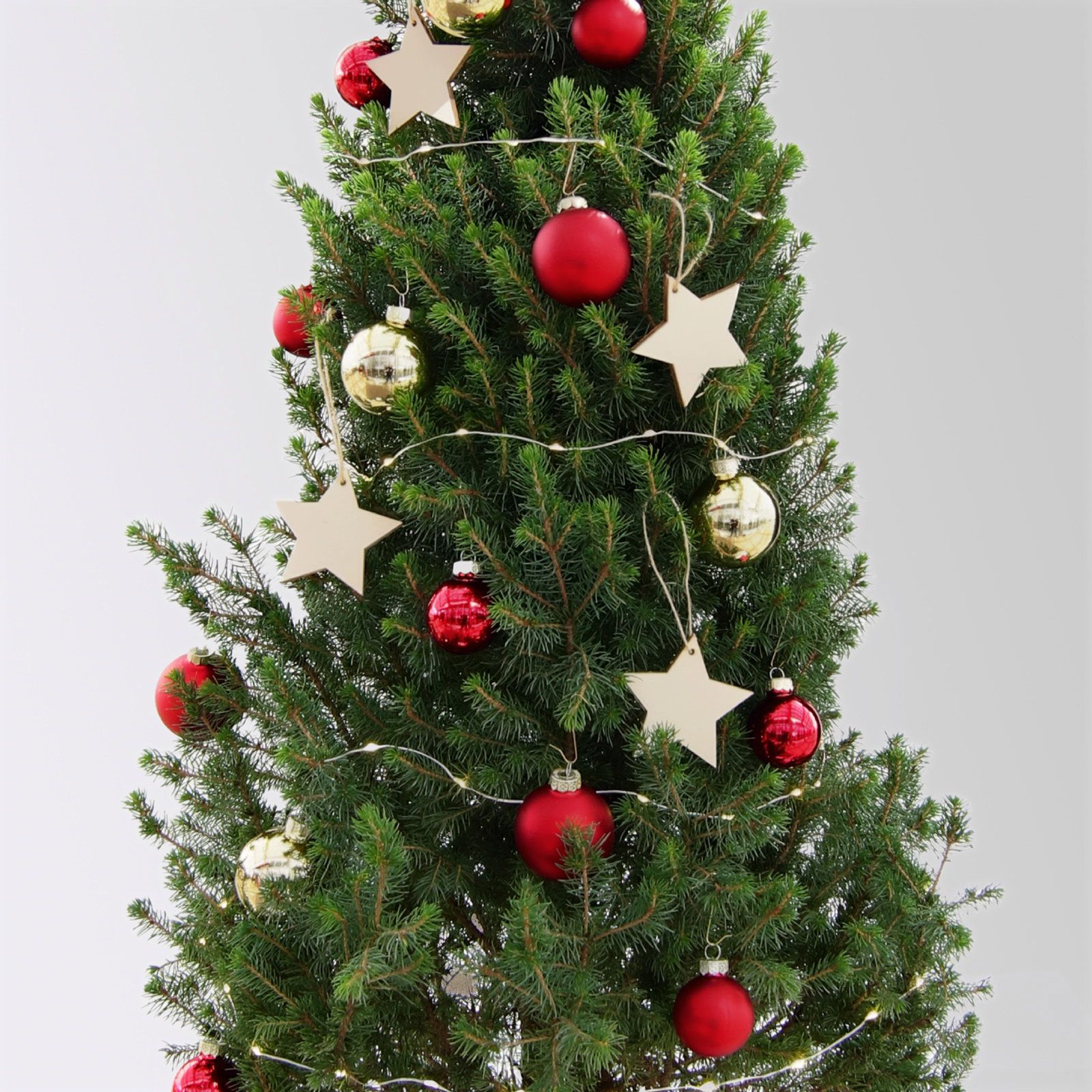 Classic Christmas Tree with Red Baubles and Wooden Stars Classic Christmas Tree with Red Baubles and Wooden Stars — Red and Green Christmas Tree