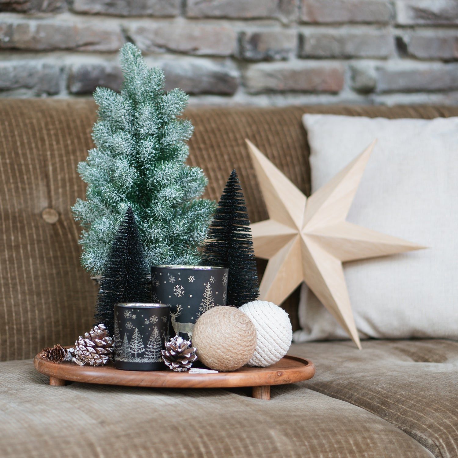 Miniature Tree Collection on a Sofa Display Miniature Tree Collection on a Sofa Display — Small Christmas Tree Decor