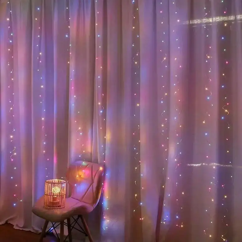 Colorful Fairy Lights Draped Over Curtains — Christmas Fairy Lights Window