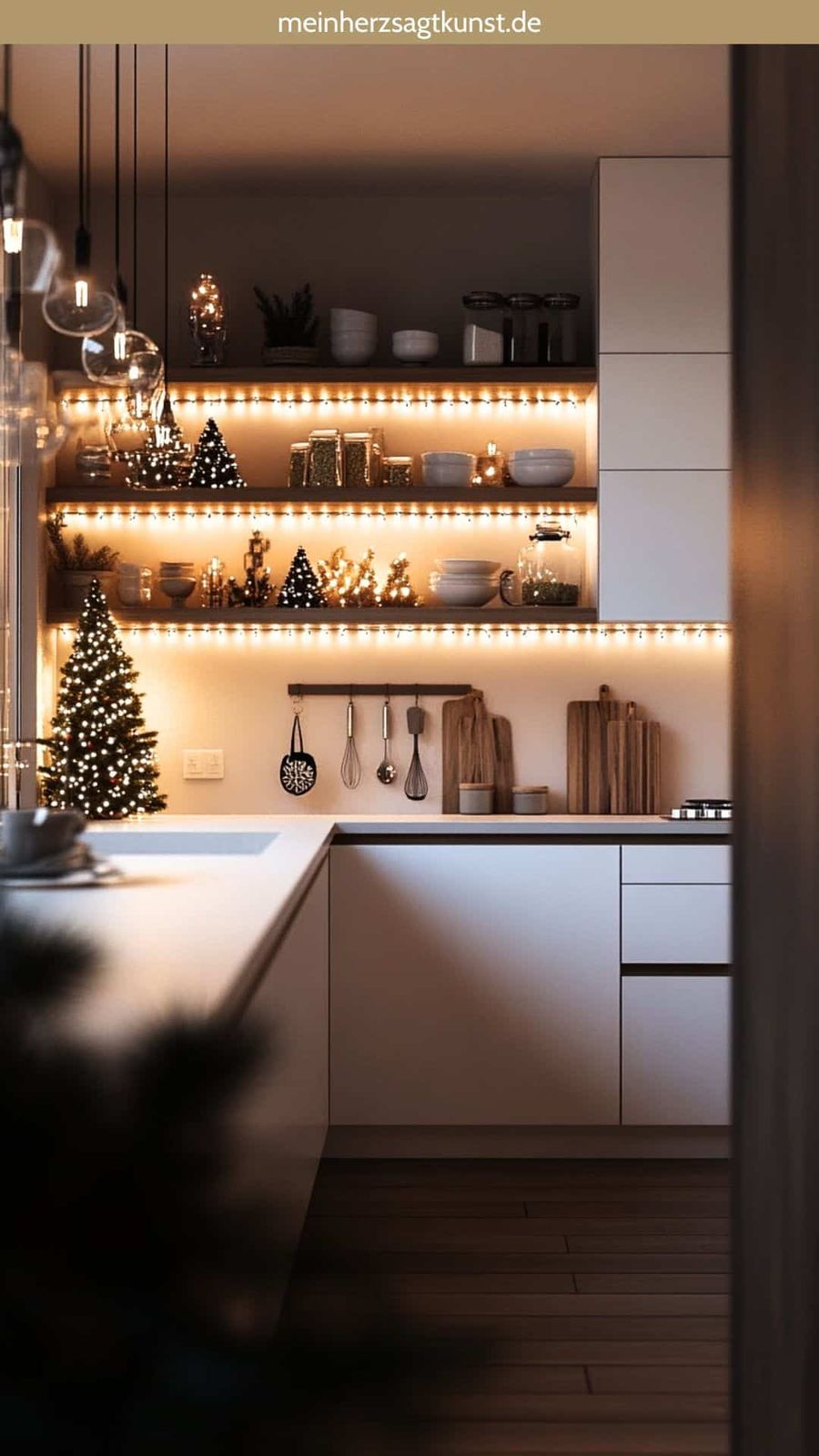Modern Kitchen Corner with Illuminated Shelves and Mini Christmas Trees Modern Kitchen Corner with Illuminated Shelves and Mini Christmas Trees — Christmas Kitchen Decor