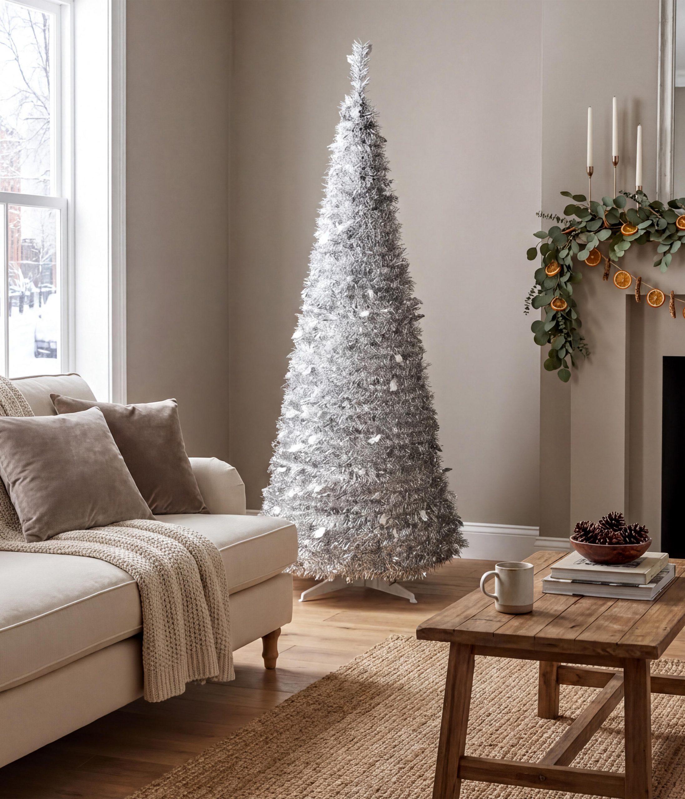 Modern Living Room with a Shimmering Silver Pop-Up Christmas Tree — Christmas Living Room Decor
