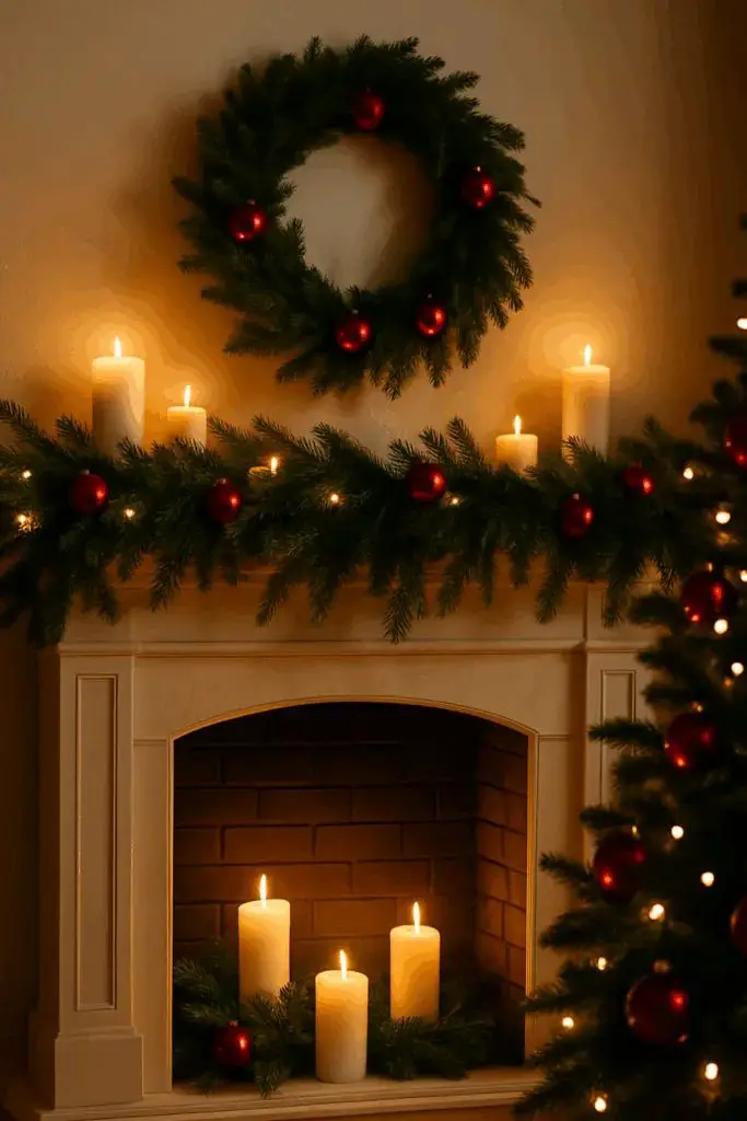 Classic Fireplace with Lush Garland, Red Ornaments, and Wreath — Christmas Fireplace Decor