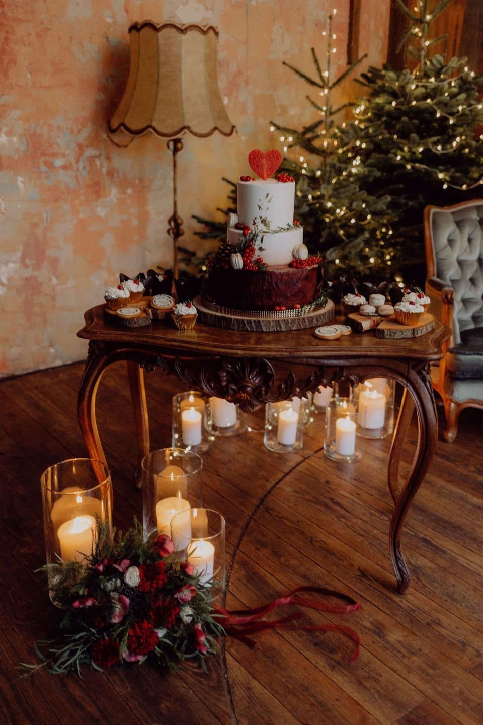 Vintage Festive Display: Berry-Adorned Wedding Cake and Desserts — Christmas Wedding Decor
