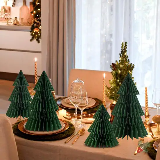 Green Paper Trees as Modern Dining Table Centerpieces — Tabletop Christmas Tree Decor