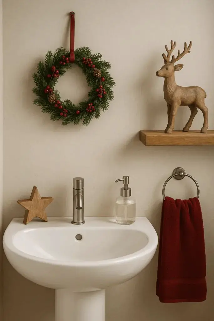 Minimalist Christmas Wreath and Reindeer Display — Christmas Bathroom Decor
