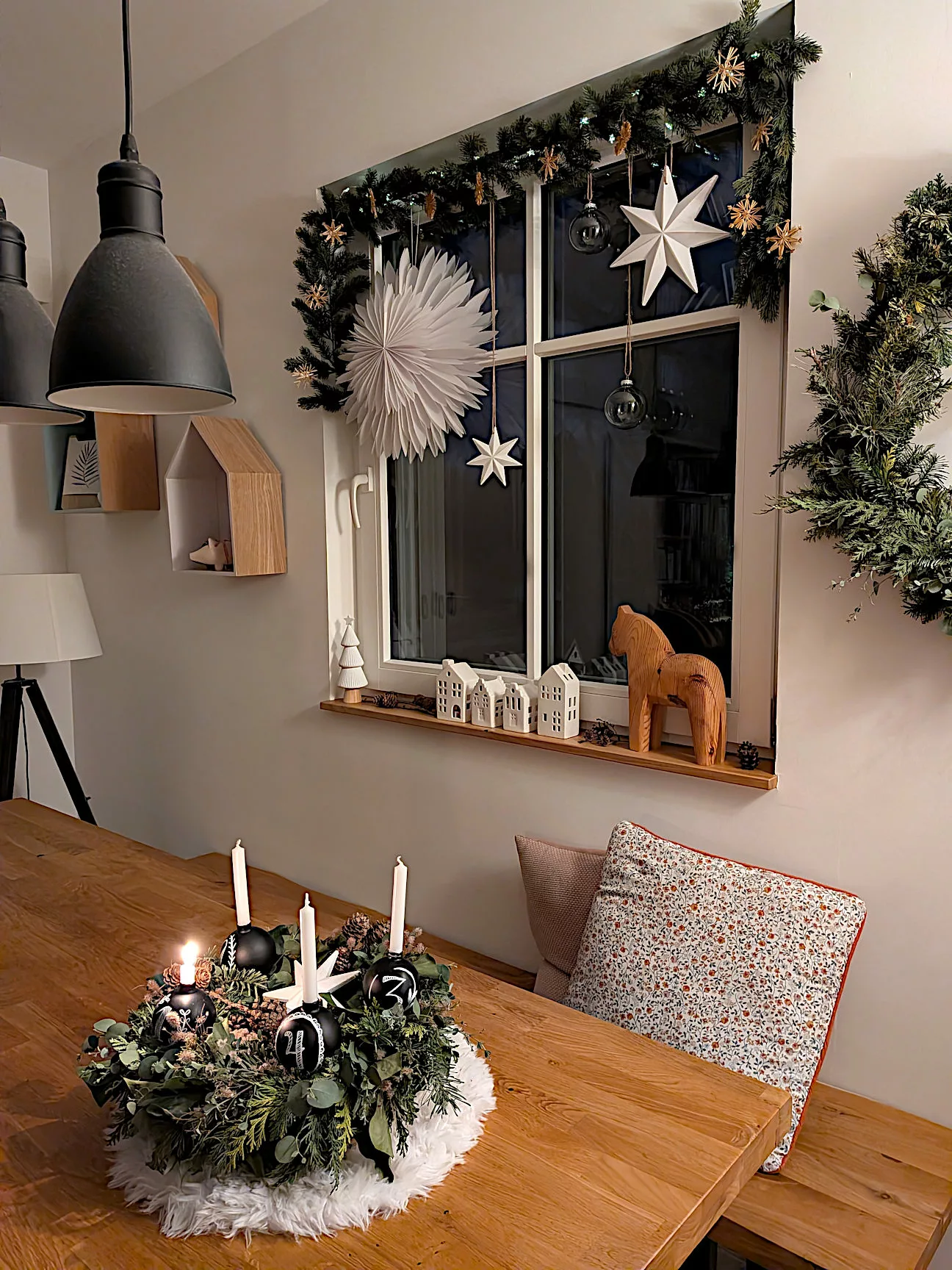 Pine Garland Framing a Window with Paper Snowflakes — Christmas Garland