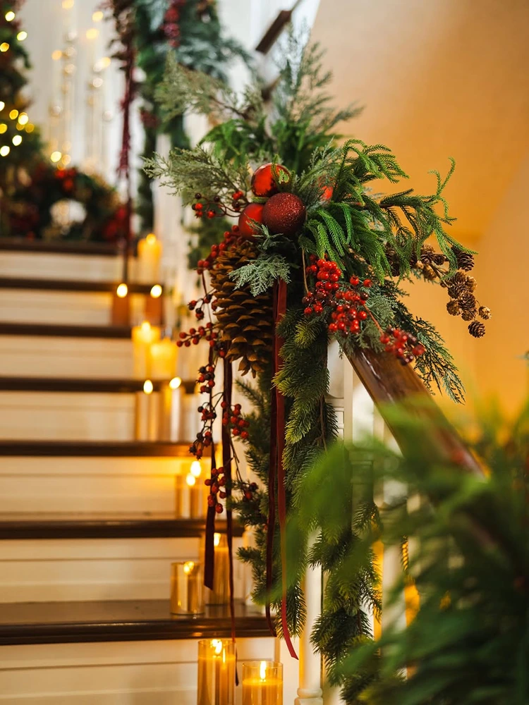 Lush Garland with Red Berries, Pinecones, and Candlelight — Christmas Stair Garland