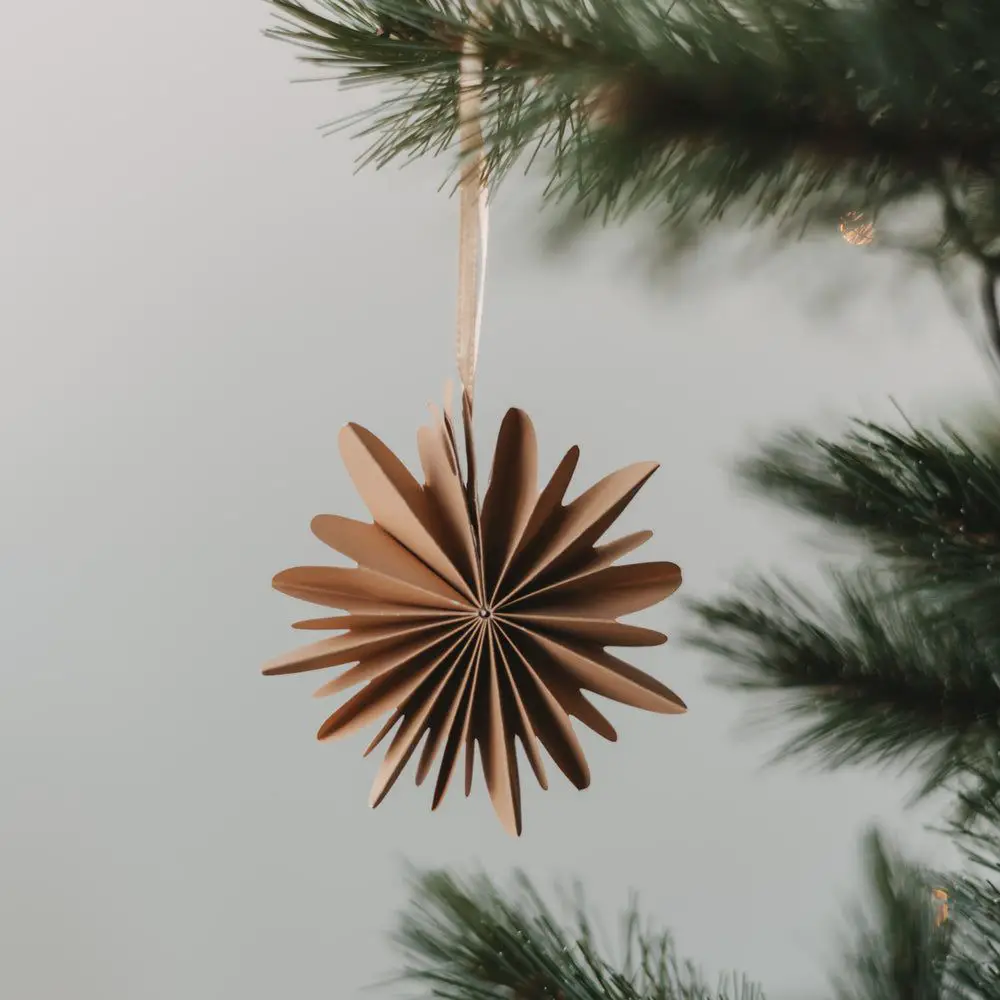 Brown Paper Snowflake Ornament on Pine Branch — Paper Snowflakes