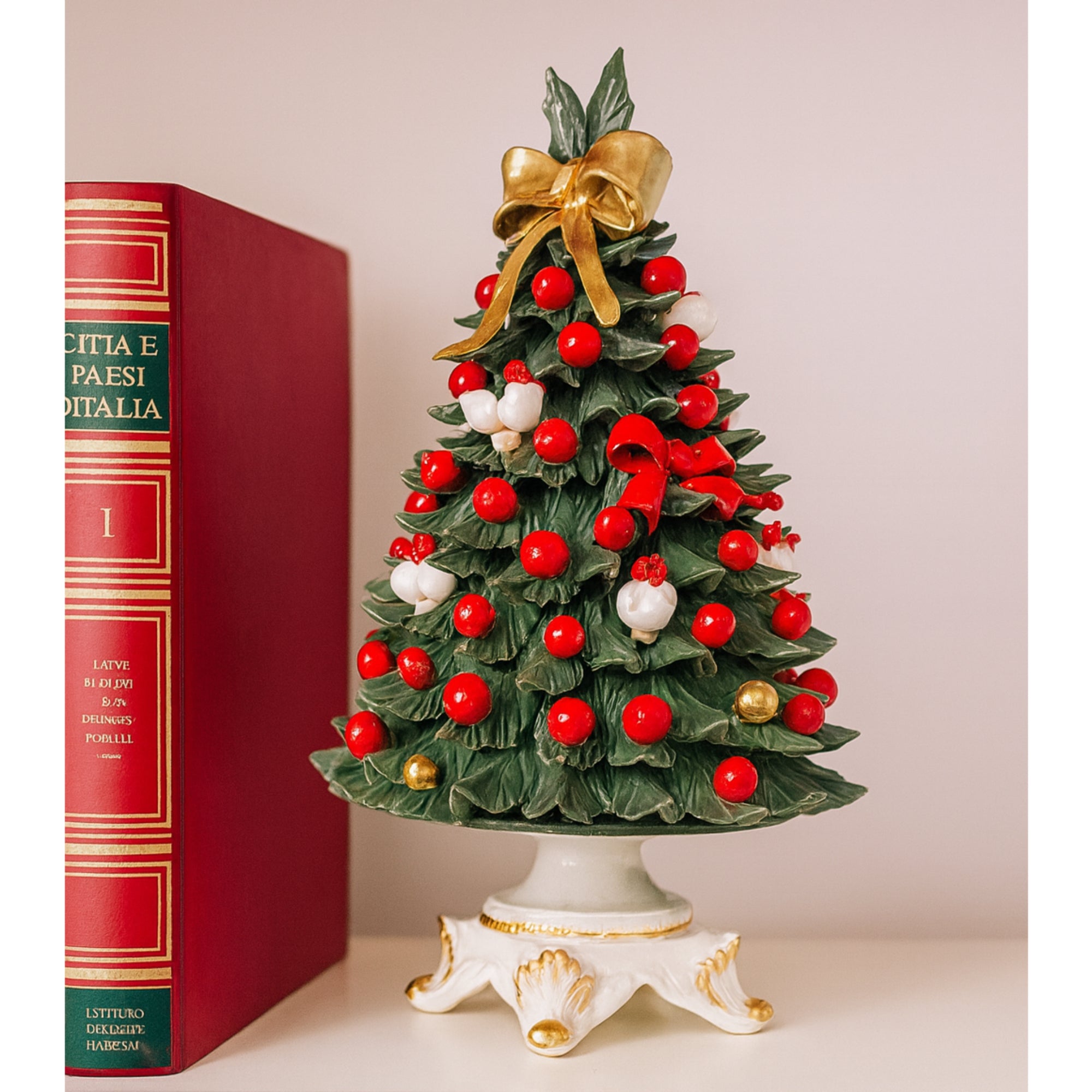 Porcelain Christmas Tree Figurine with Red Baubles and Gold Bow Porcelain Christmas Tree Figurine with Red Baubles and Gold Bow — Red and Gold Christmas Tree