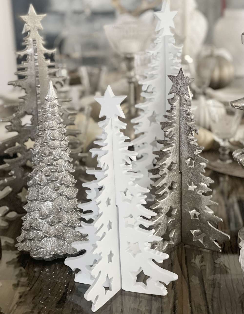 Collection of White and Silver Metallic Decorative Trees Collection of White and Silver Metallic Decorative Trees — White Christmas Tree Decor