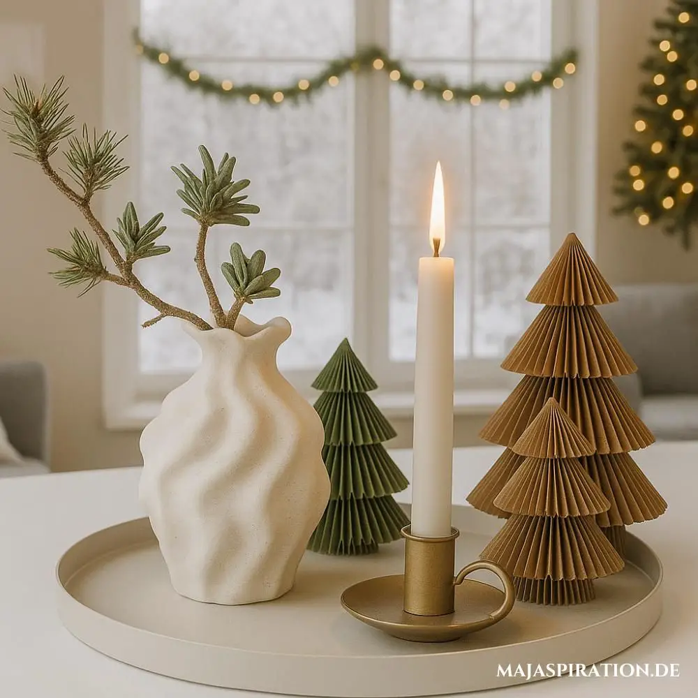 Minimalist Scandi Coffee Table with Paper Trees and Greenery Minimalist Scandi Coffee Table with Paper Trees and Greenery — Christmas Coffee Table Decor