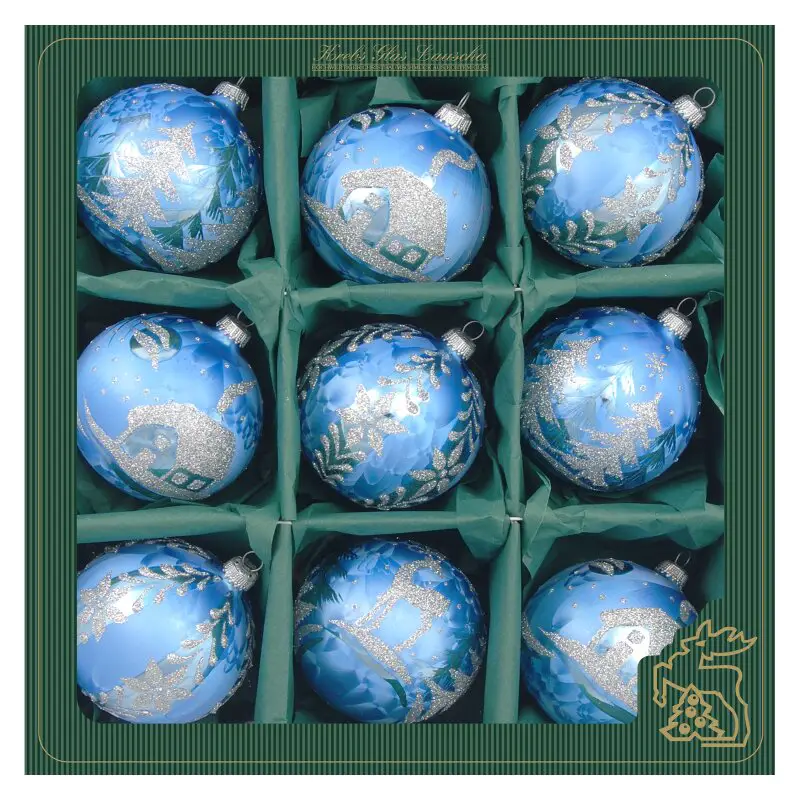Set of Blue Glass Ornaments with Silver Patterns — Blue and Silver Christmas Tree