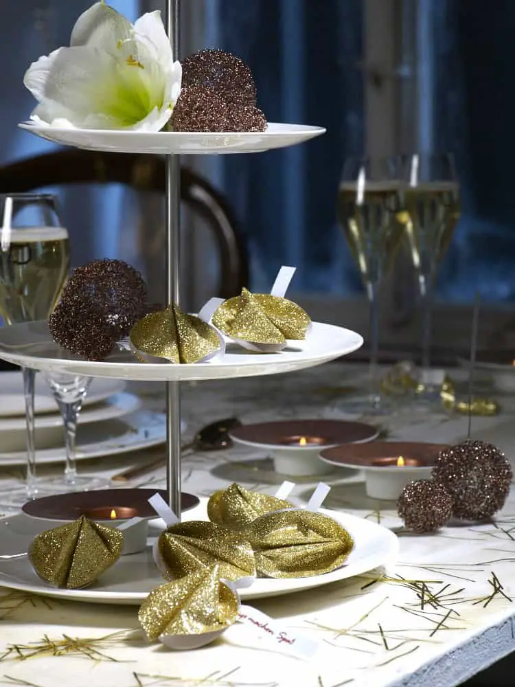 Shimmering Gold Glitter Fortune Cookies on a Tiered Stand — Gold New Years Eve Decor