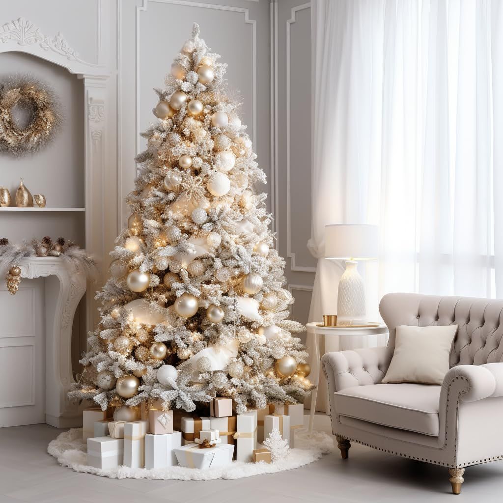Living Room Elegant Frosted Christmas Tree with Gold and White Ornaments — Elegant Christmas Tree