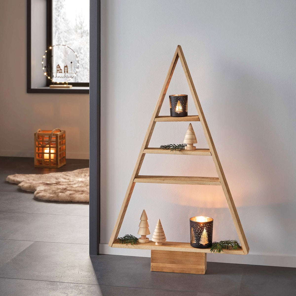 Rustic Wooden Tree Shelf with Candles and Miniatures — Rustic Christmas Decor
