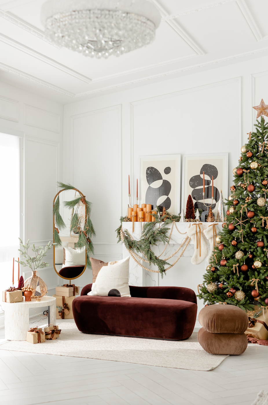 Sophisticated Palette with Velvet Sofa and Christmas Tree — Modern Christmas Decor