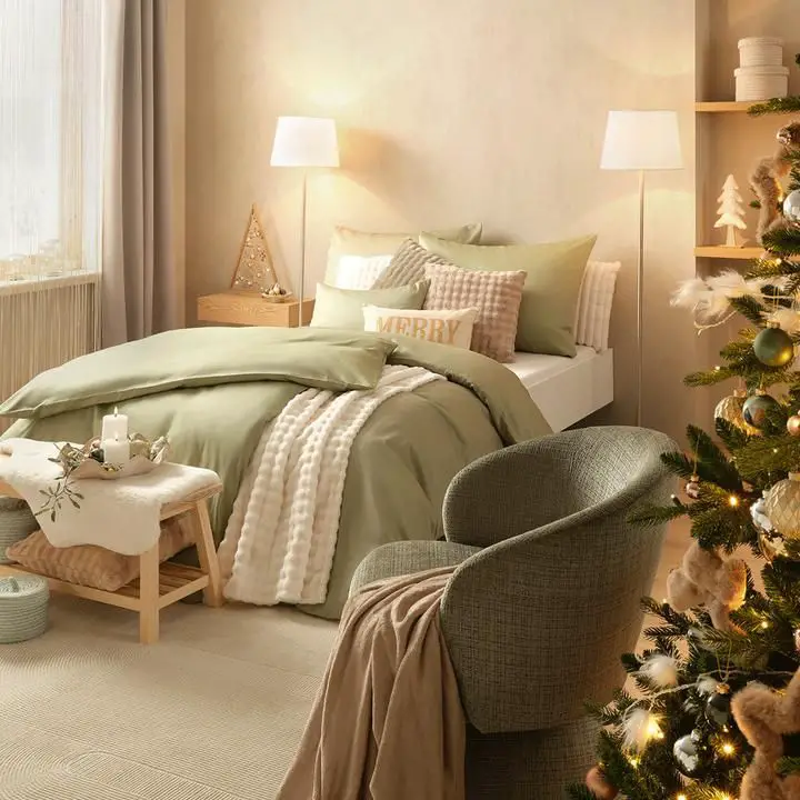Hygge-Inspired Bedroom with Sage Green Bedding — Christmas Bedroom Decor