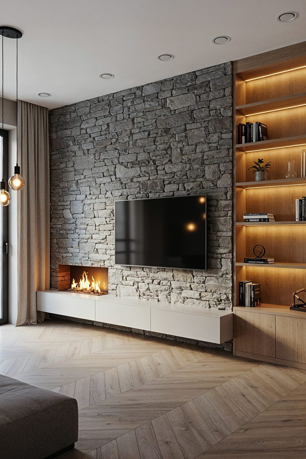 Modern Stone Feature Wall with Integrated Fireplace — Winter Mantel Decor