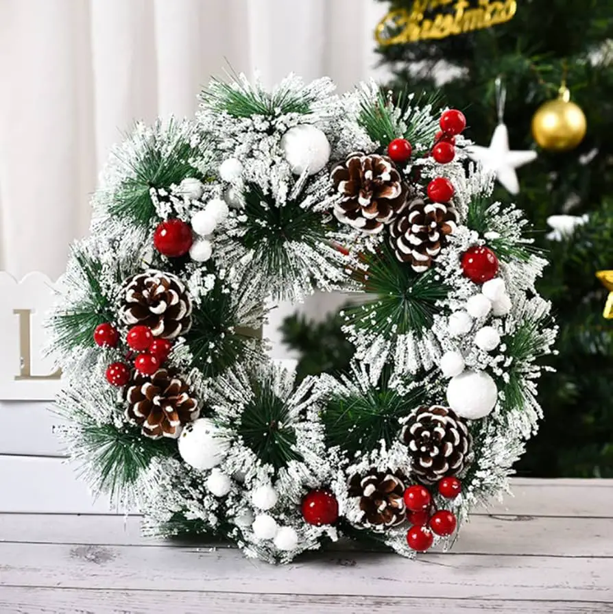 Frosted Wreath with Pinecones and Berries — Christmas Wall Decor