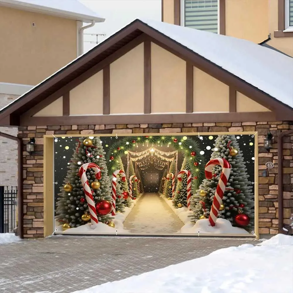 Festive Garage Door Mural with Large Candy Cane Accents — Candy Cane Christmas Tree