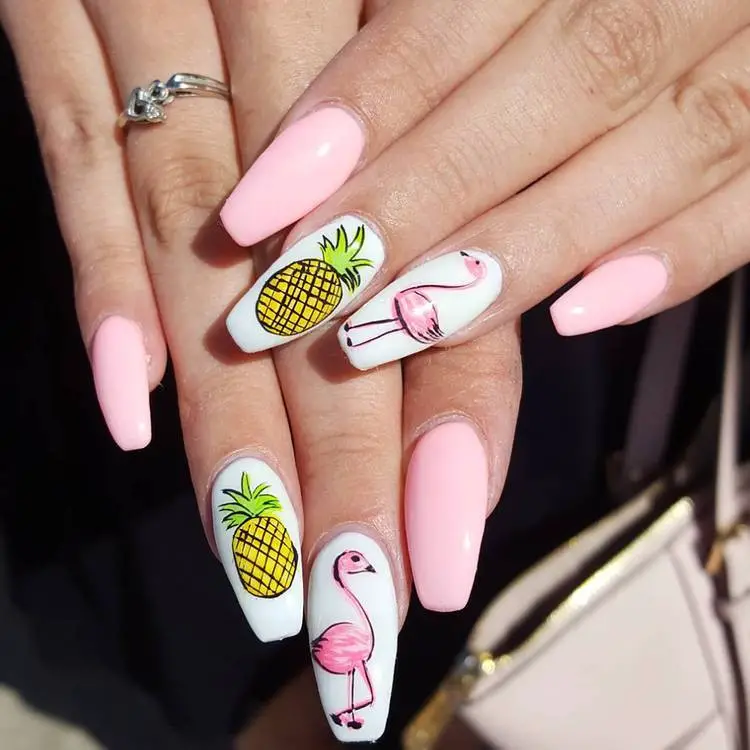 Pale Pink Coffin Nails With Pineapples And Flamingos Pale Pink Coffin Nails With Pineapples And Flamingos — pineapple nails ideas 2027