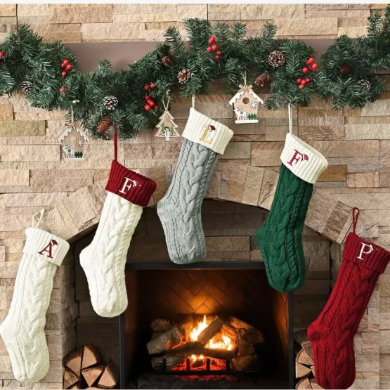 Cozy Living Room with Monogrammed Knit Stockings — Christmas Stockings Display