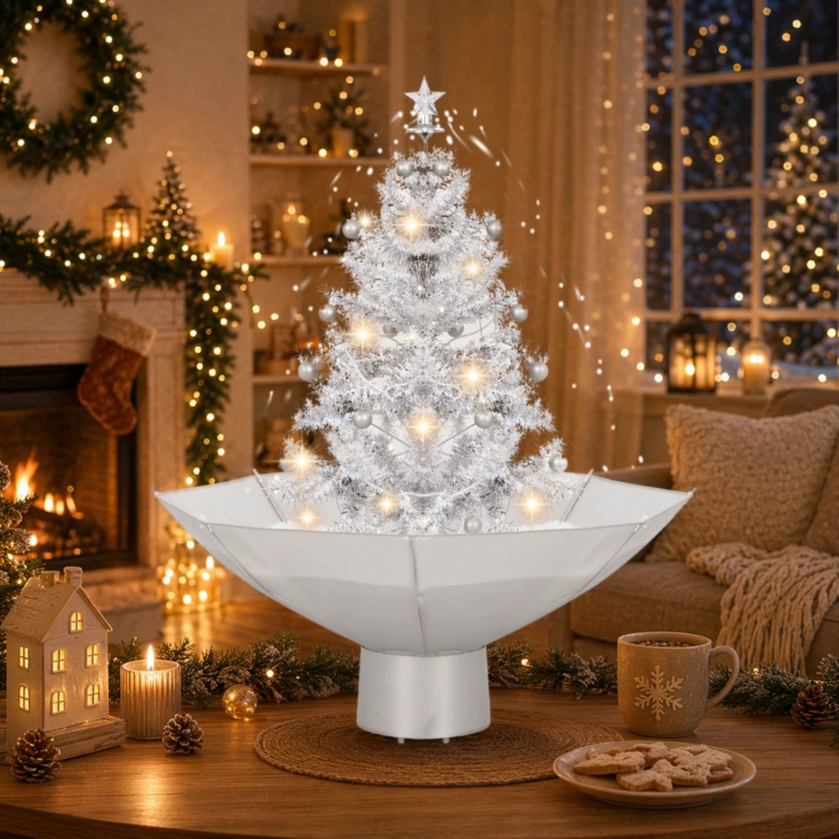 Traditional Cozy Living Room Vignette with a Sparkling White Christmas Tree and Fairy Lights Traditional Cozy Living Room Vignette with a Sparkling White Christmas Tree and Fairy Lights — Christmas Fairy Lights Living