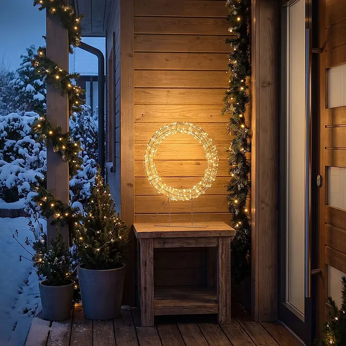 Porch Entrance with Light-Up Wreath and Garland Porch Entrance with Light-Up Wreath and Garland — Christmas Door Frame Lights