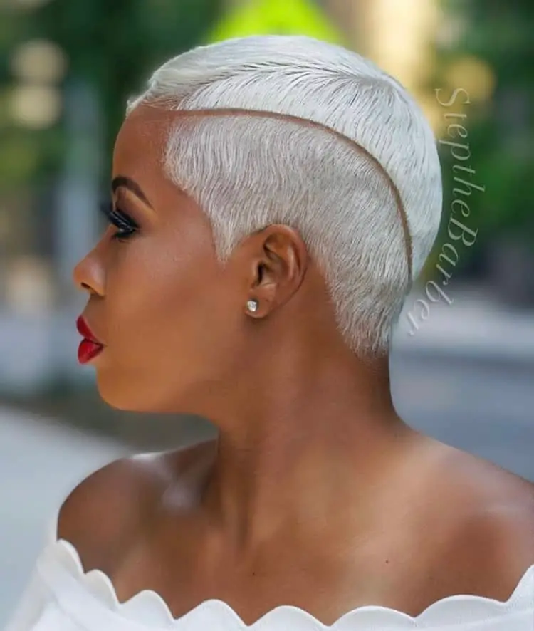 Platinum Pixie With Carved Line — very short haircuts for black women 2027