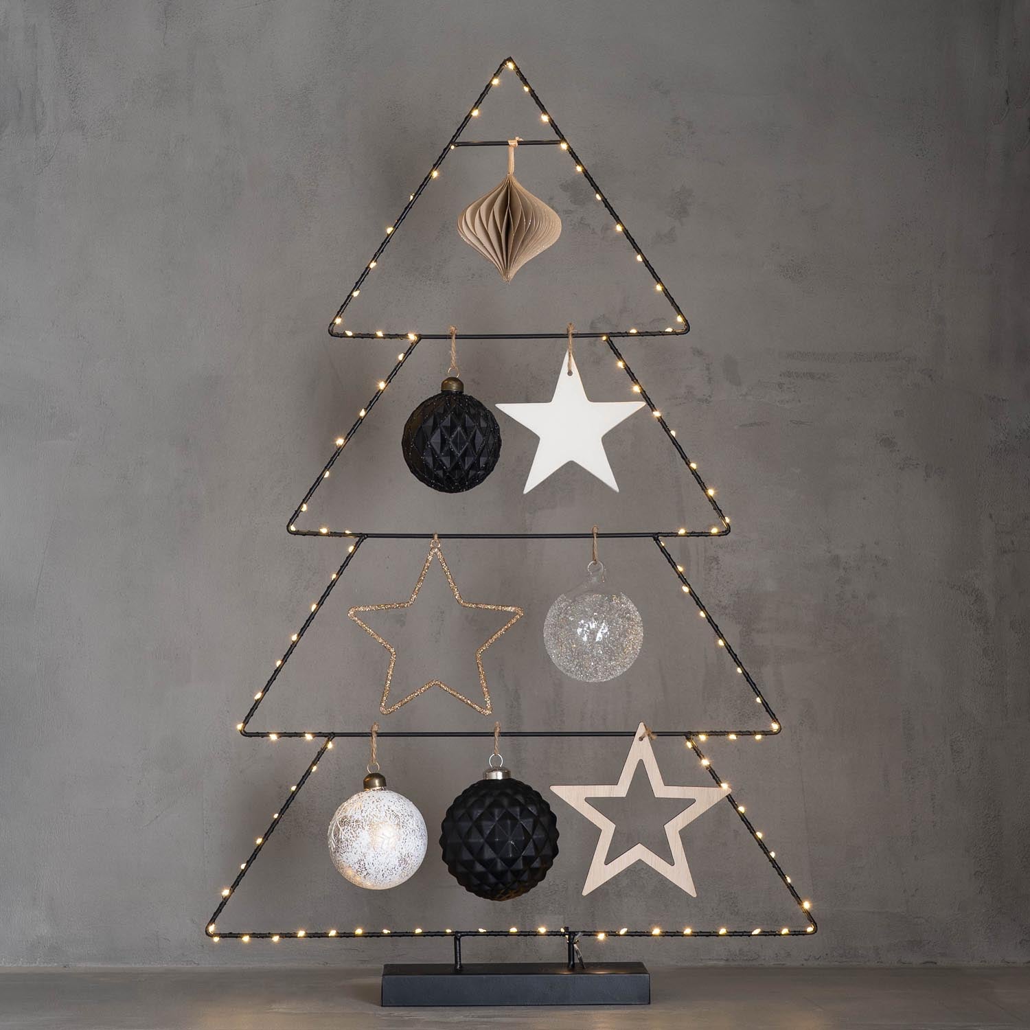 Black Metal Wireframe Christmas Tree with Geometric Ornaments — Minimalist Christmas Tree