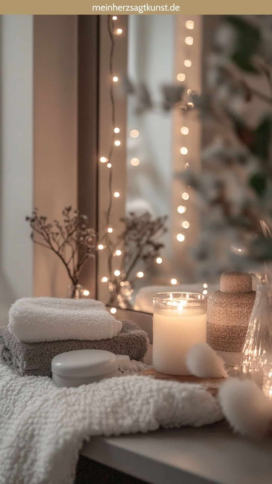 Cozy Vignette with Stacked Towels, Candle, and Fairy Lights — Christmas Bathroom Decor