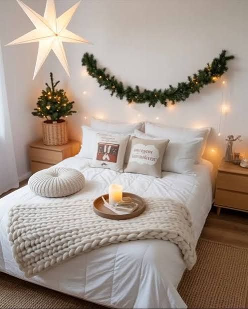 Minimalist Scandinavian Bedroom with Paper Star Lantern — Christmas Bedroom Decor