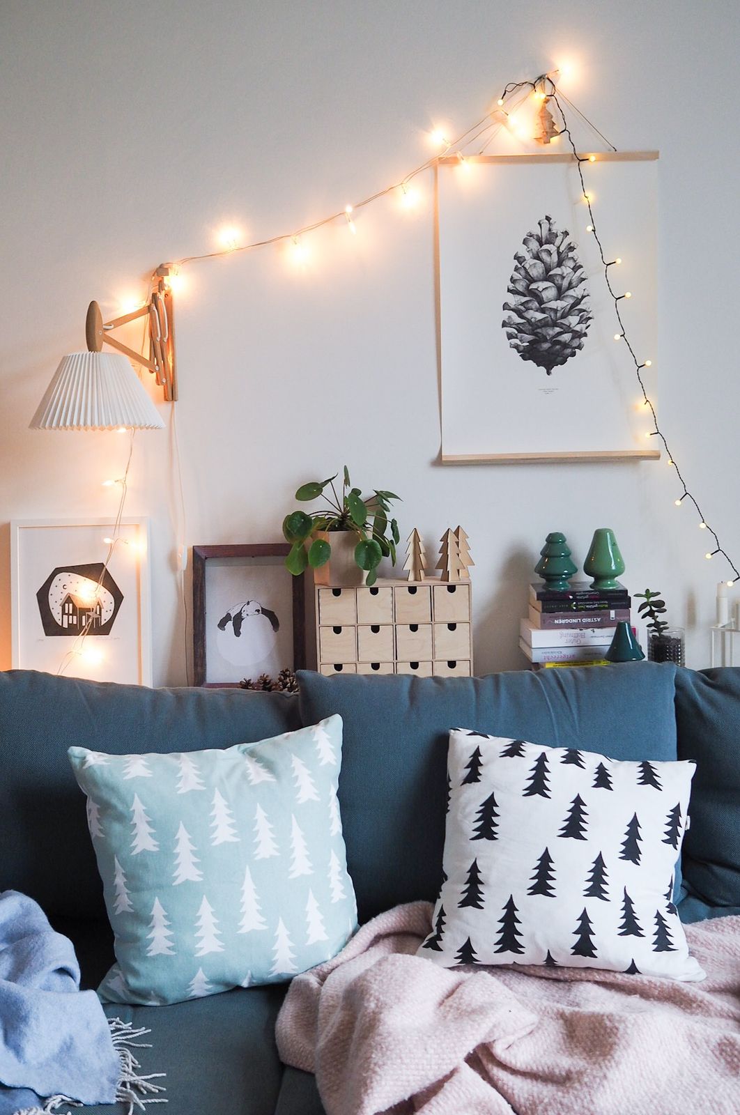 Cozy Couch Corner with Festive Pillows and String Lights — Cozy Christmas Living Room