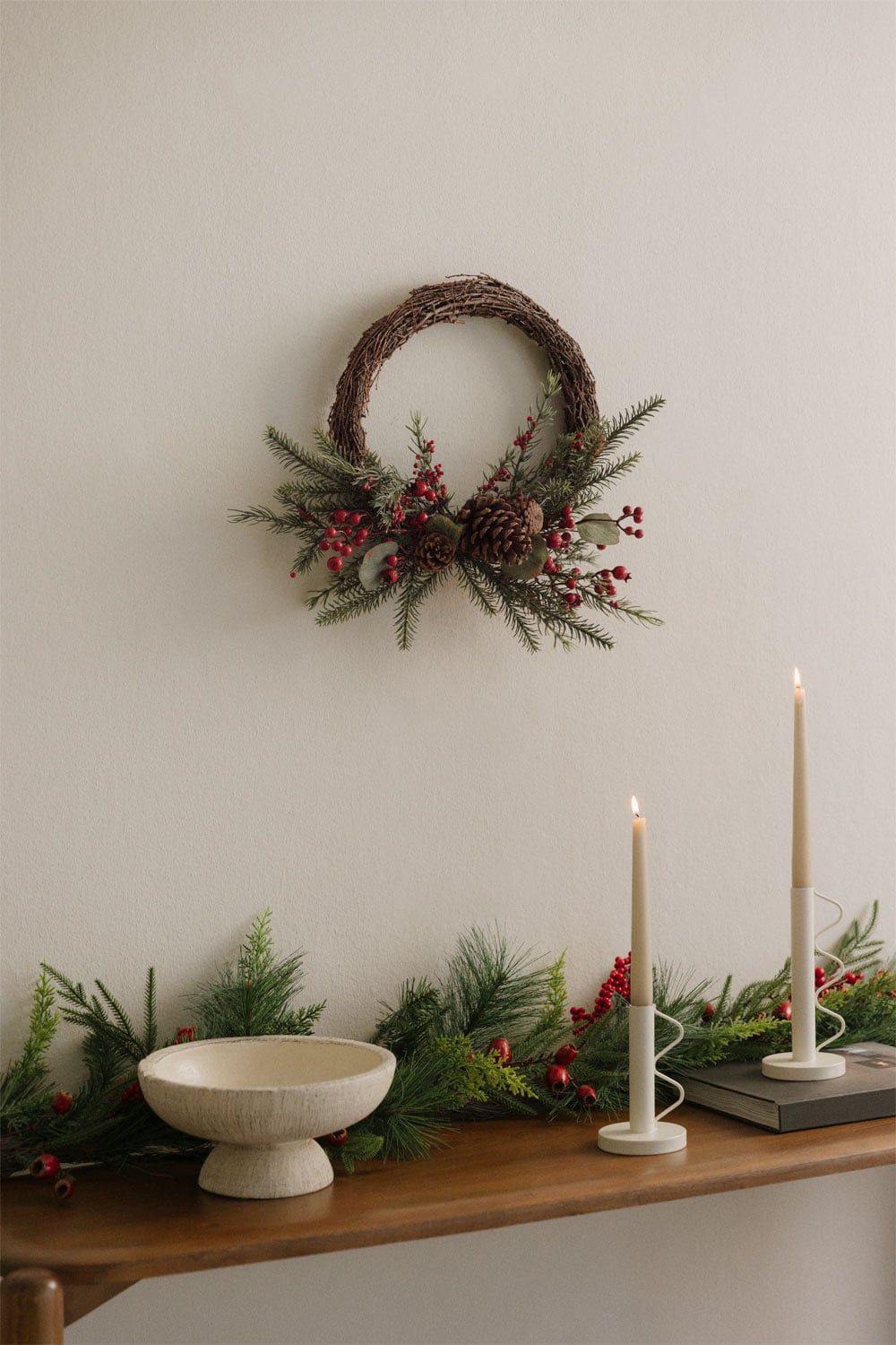 Modern Rustic Grapevine Wreath with Pine and Berries Above Console Table — Christmas Wreath