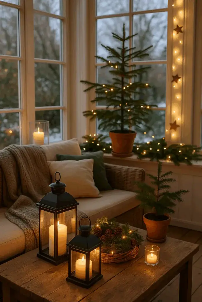 Cozy Sunroom with Potted Christmas Tree and Lanterns Cozy Sunroom with Potted Christmas Tree and Lanterns — Simple Christmas Decor