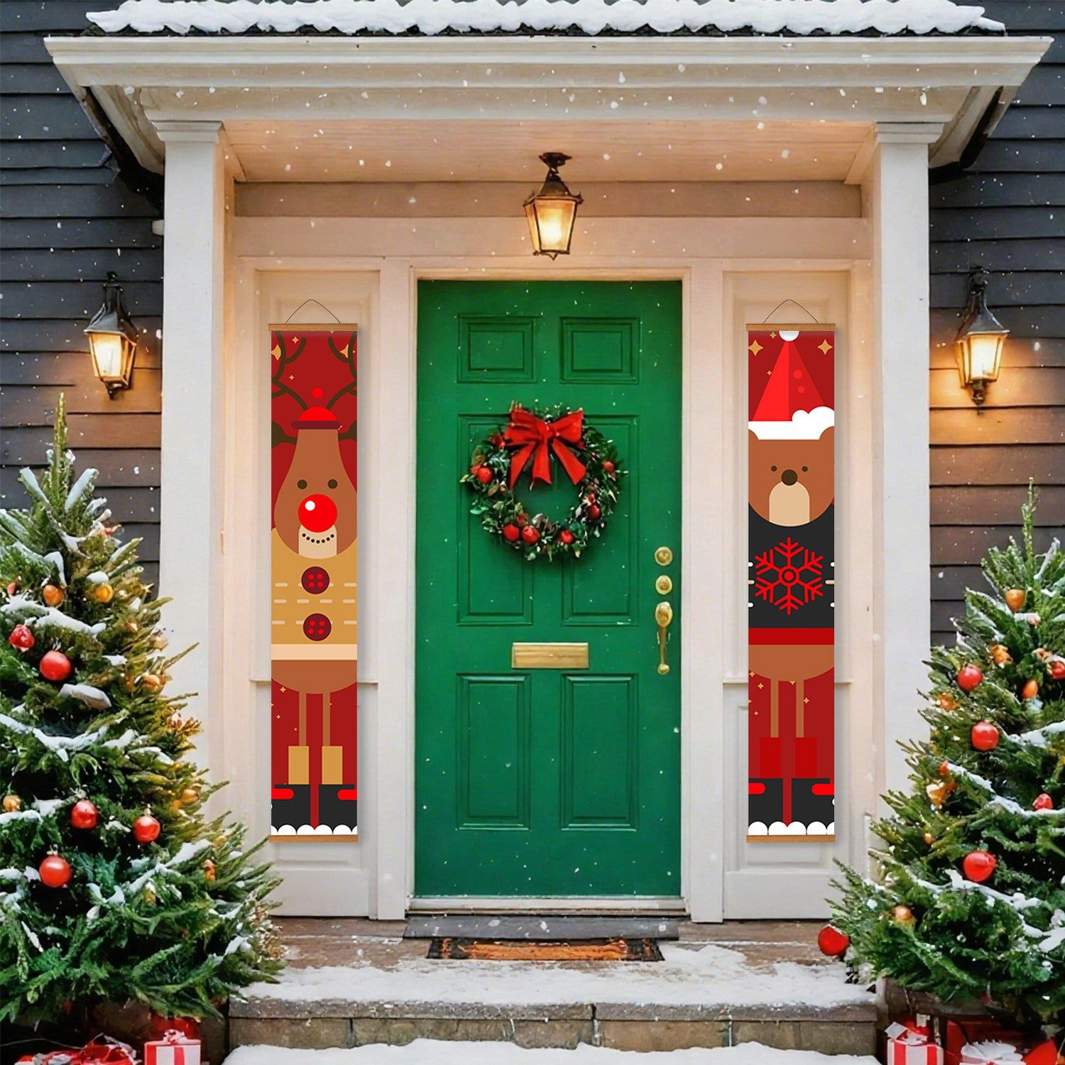 Festive Door with Plaid Banners and Mini Christmas Trees — Small Christmas Porch
