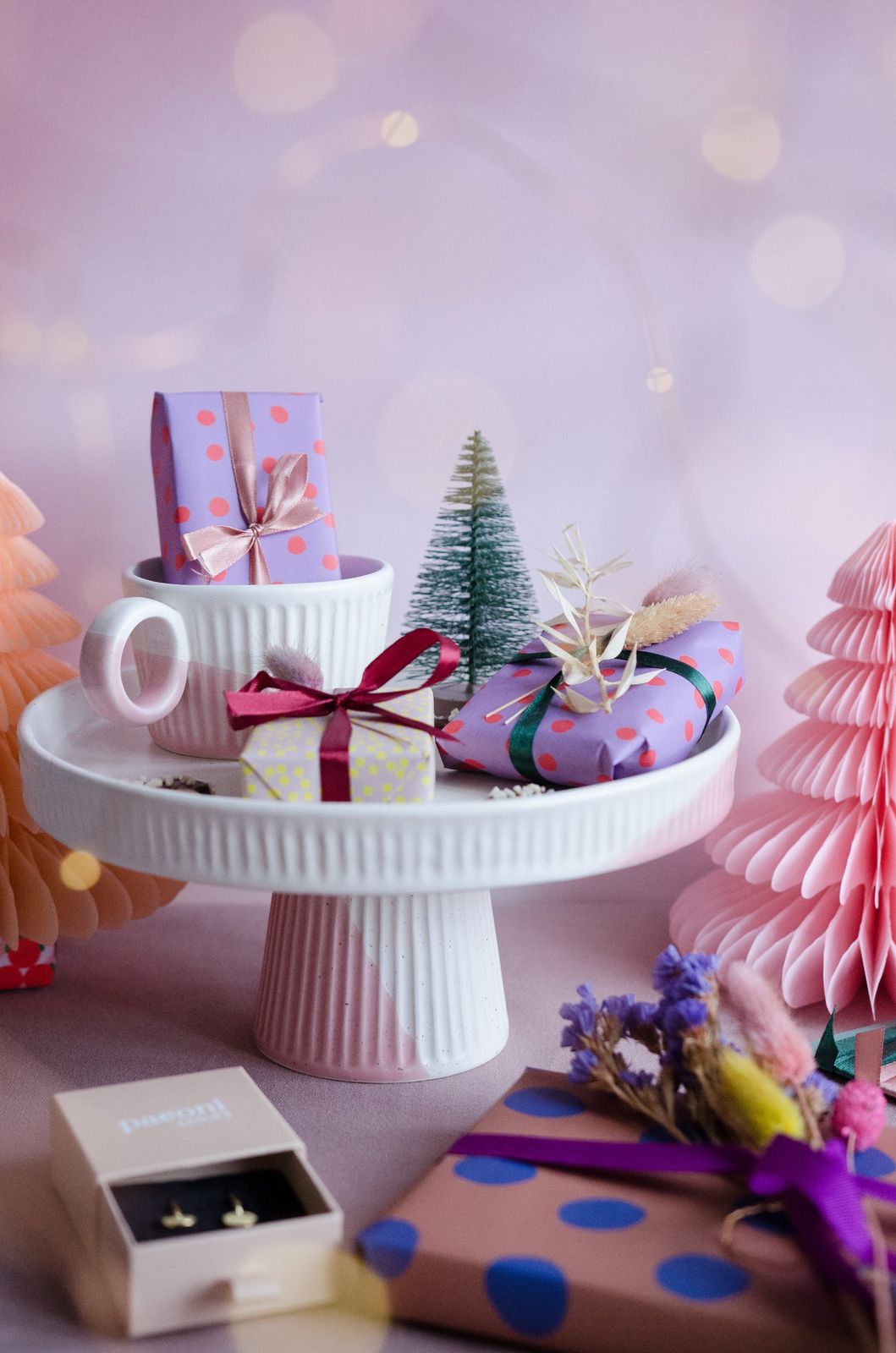 Whimsical Pastel Gifts on Cake Stand — Christmas Gift Wrapping
