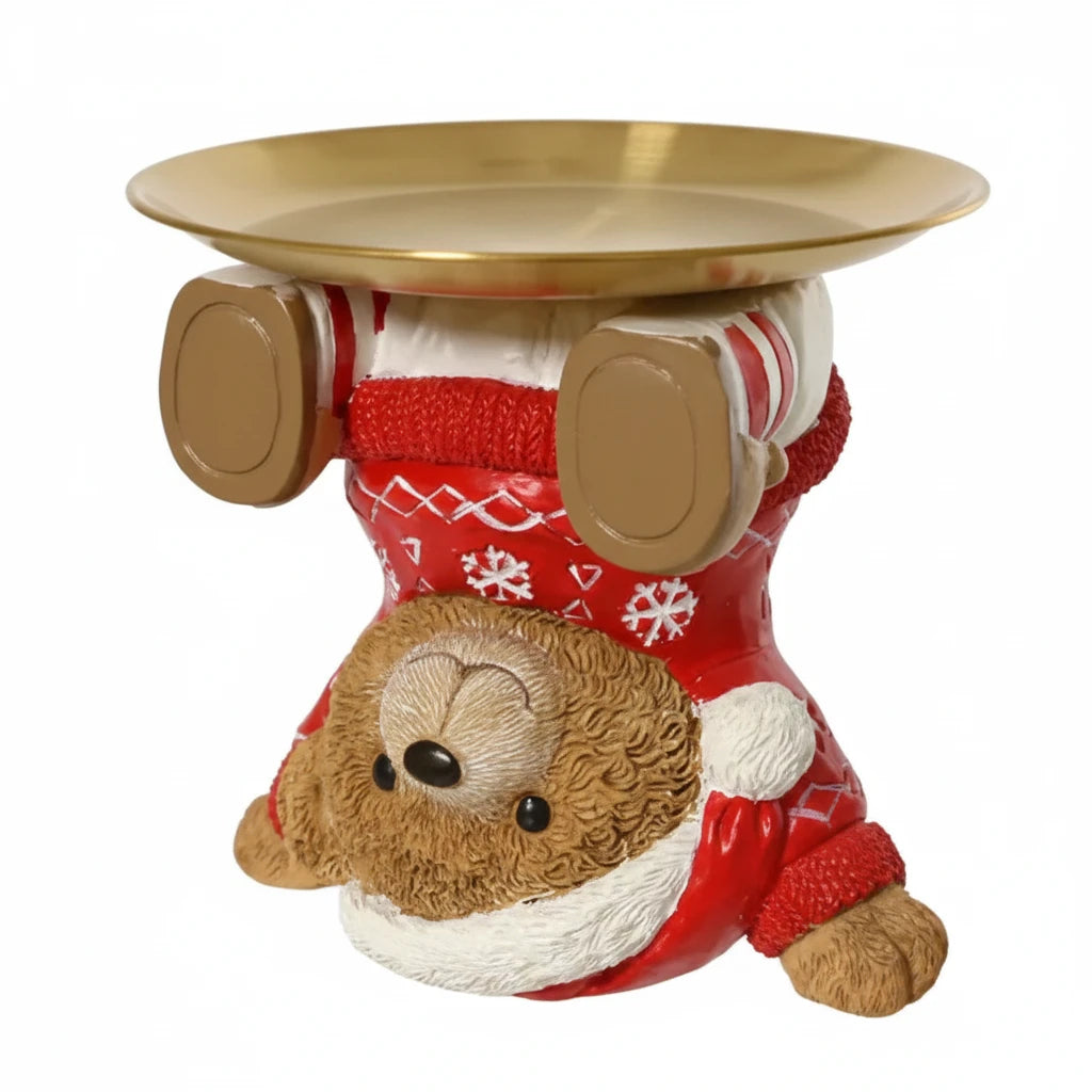 Bear Tiered Stand Holding a Gold Metal Tray — Christmas Tiered Tray
