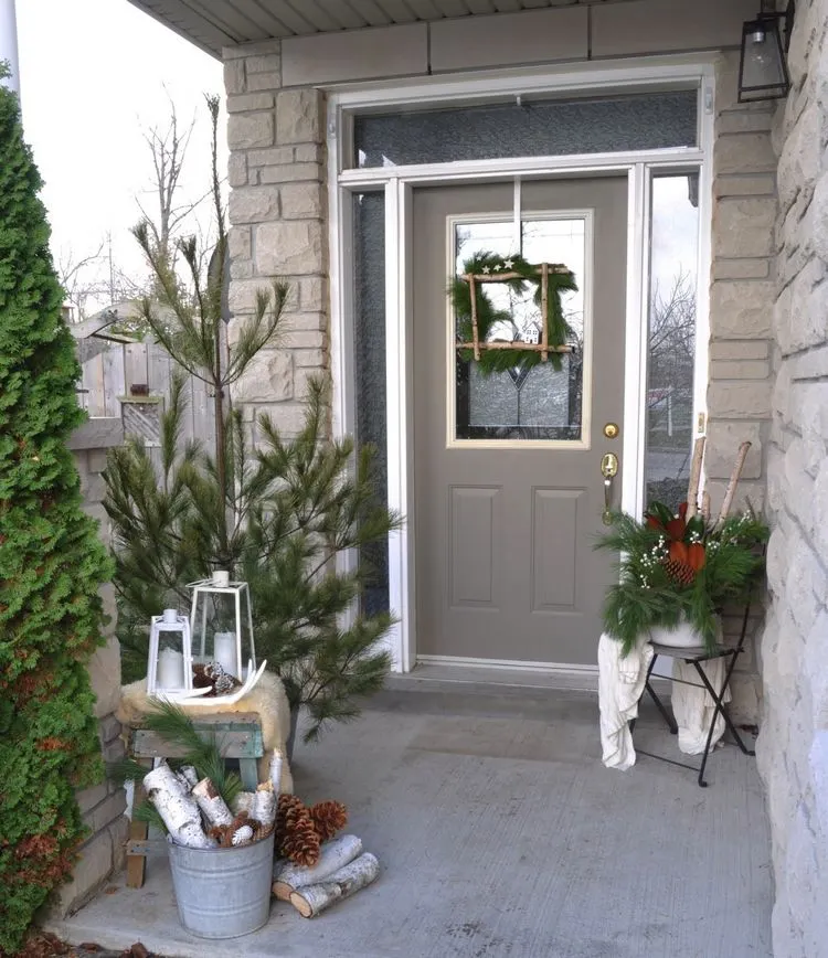 Grey Door with Pine Tree and Birch Log Bucket — Winter Front Door Decor