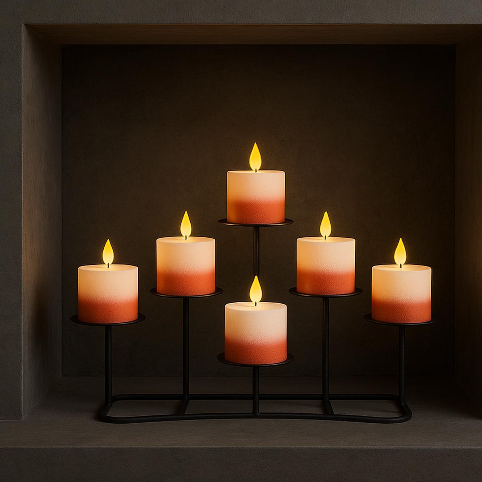 Modern Mantelpiece with Ombre Pillar Candles on Black Stands — Christmas Candle Decor