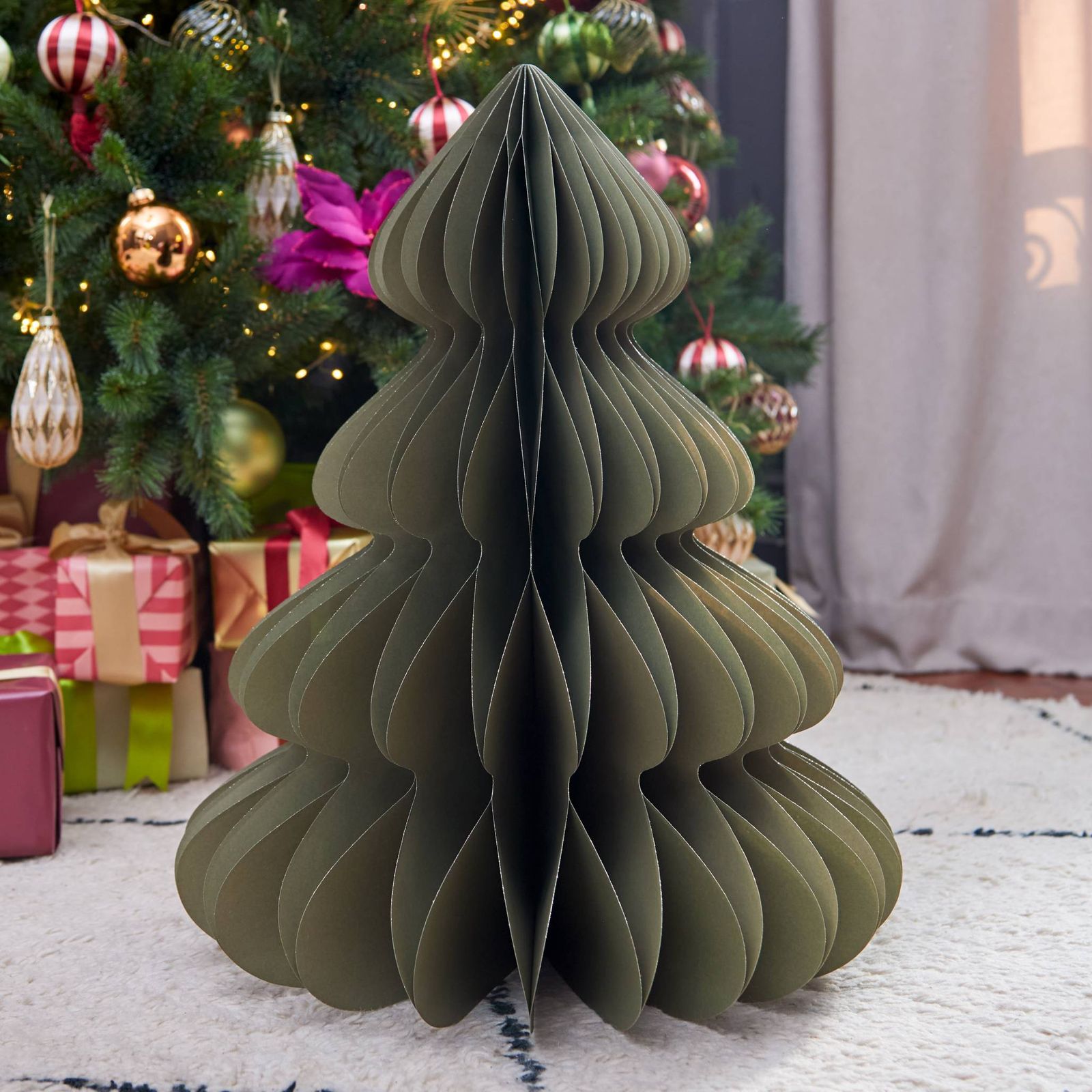 Modern Layered Sage Green Paper Tree and Real Christmas Tree Modern Layered Sage Green Paper Tree and Real Christmas Tree — Sage Green Christmas Decor