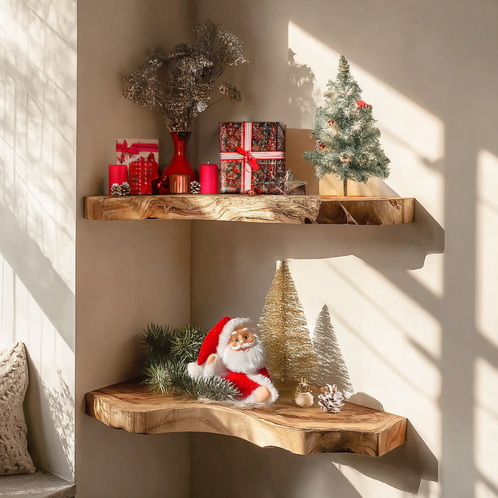 Corner Shelves Styled with Festive Santa Figurines Corner Shelves Styled with Festive Santa Figurines — Christmas Shelf Decor