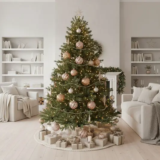 Living Room Traditional Christmas Tree with Gold and Rose Gold Accents — Elegant Christmas Tree