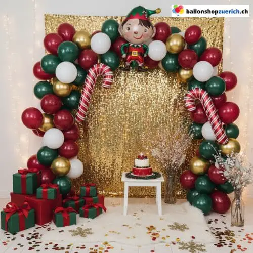 Festive Balloon Garland Arching Over a Sequined Backdrop with Elf Figure — Christmas Balloon Garland