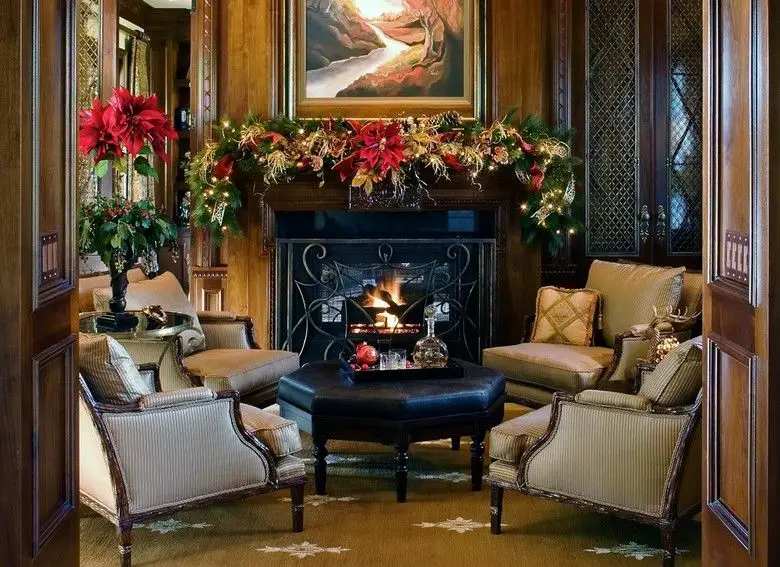 Traditional Living Room with Dark Wood Fireplace and Poinsettias — Christmas Fireplace Decor