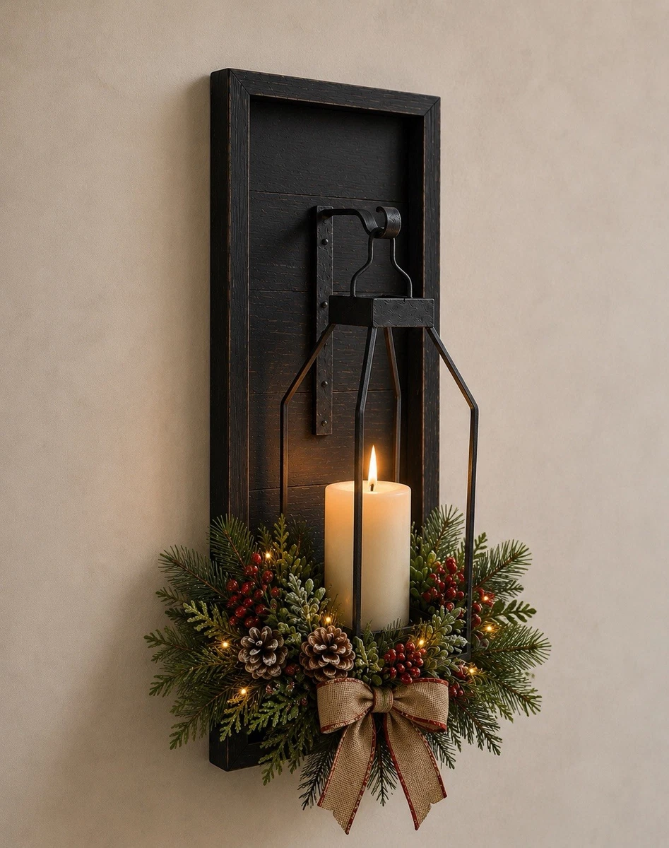 Farmhouse Wall Decor with Lantern and Burlap Wreath — Rustic Christmas Decor