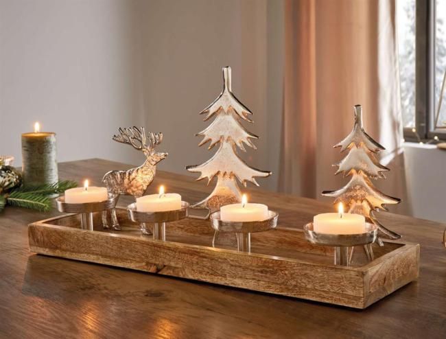 Rustic Modern Tray with Tealight Candles and Frosted Glass Trees — Christmas Candle Decor